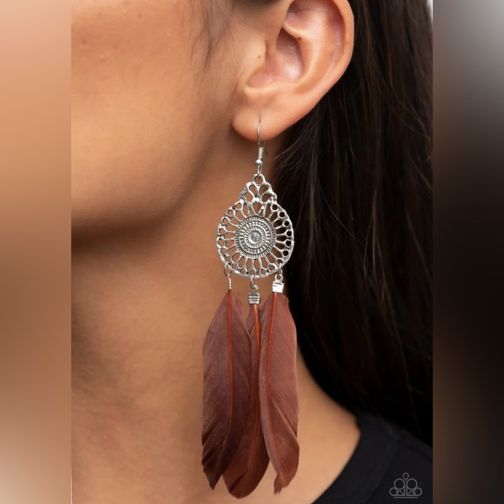 Paparazzi Silver Dreamcatcher Earrings with Brown Feathers